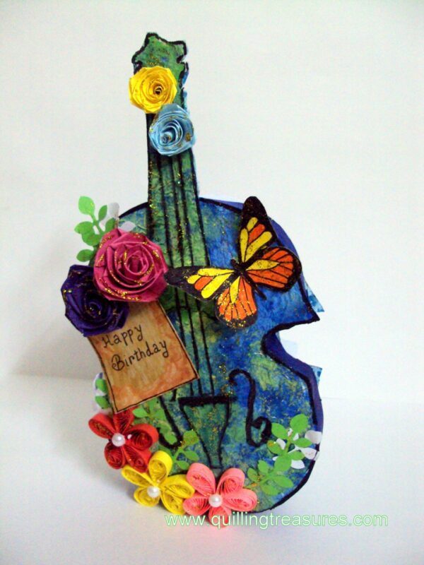 Handmade Paper Guitar with Quilled Flowers image Handmade Paper Guitar with Quilled Flowers image