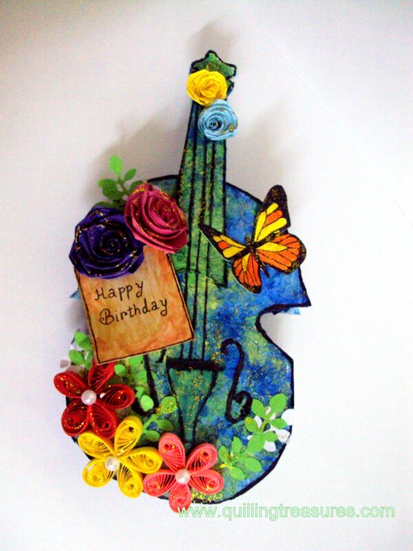 Handmade Paper Guitar with Quilled Flowers image Handmade Paper Guitar with Quilled Flowers image