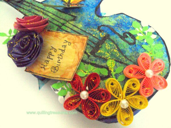 Handmade Paper Guitar with Quilled Flowers image Handmade Paper Guitar with Quilled Flowers image