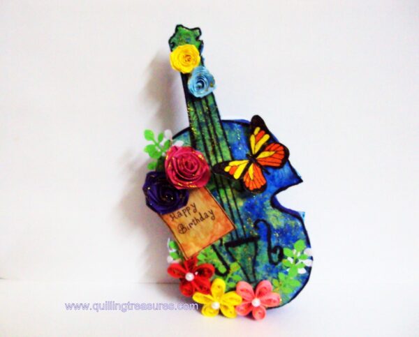 Handmade Paper Guitar with Quilled Flowers image Handmade Paper Guitar with Quilled Flowers image
