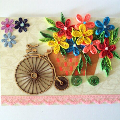 Multicolor Bicycle Flower Basket Quilled Greeting Card image