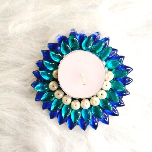 Beautiful Kundan Diya With Tealight Candle - Blue