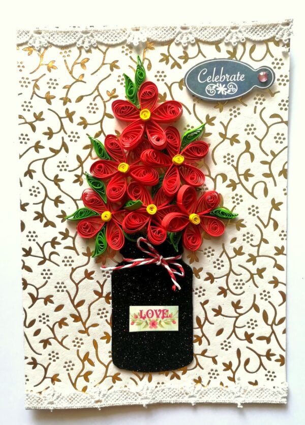 Red Quilled Flowers Jar Greeting Card image Red Quilled Flowers Jar Greeting Card image