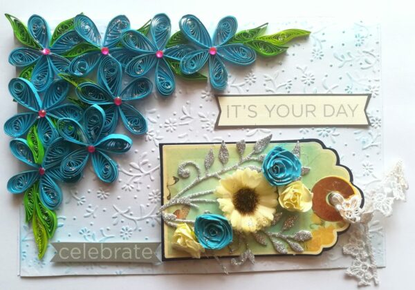 Blue Quilled Corner Flowers Birthday Greeting card image Blue Quilled Corner Flowers Birthday Greeting card image