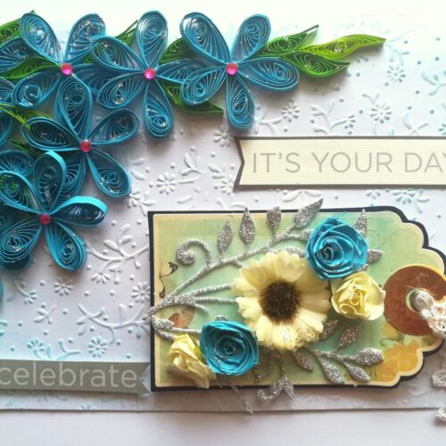 Blue Quilled Corner Flowers Birthday Greeting card image