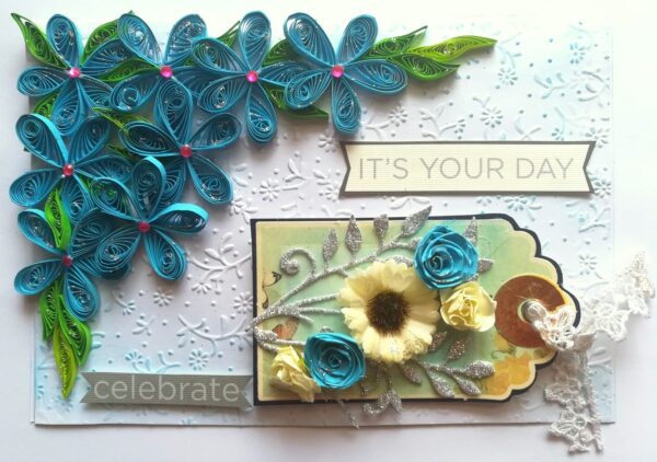 Blue Quilled Corner Flowers Birthday Greeting card image Blue Quilled Corner Flowers Birthday Greeting card image