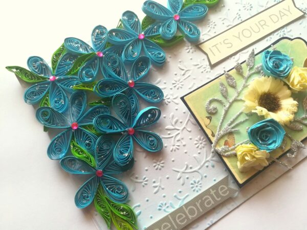 Blue Quilled Corner Flowers Birthday Greeting card image Blue Quilled Corner Flowers Birthday Greeting card image