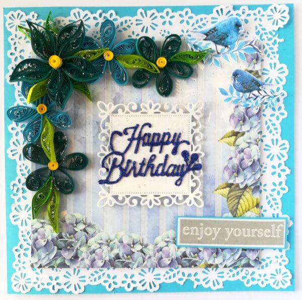 Blue Quilled Corner Flowers Birthday Greeting card image Blue Quilled Corner Flowers Birthday Greeting card image