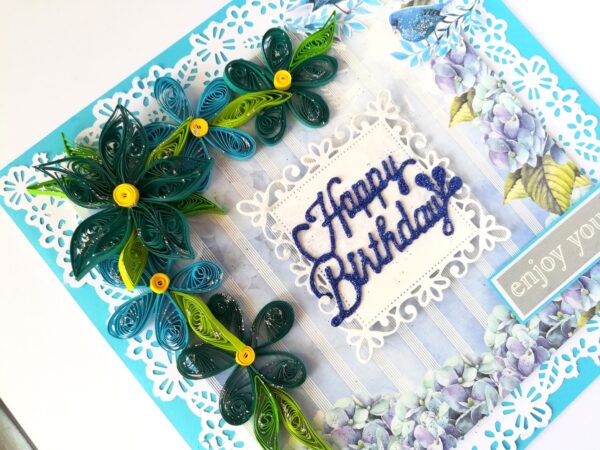 Blue Quilled Corner Flowers Birthday Greeting card image Blue Quilled Corner Flowers Birthday Greeting card image