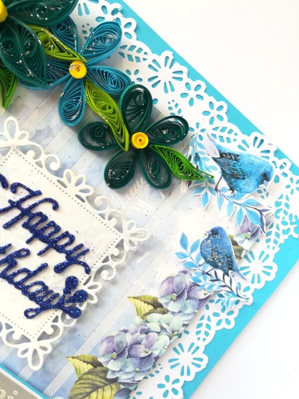 Blue Quilled Corner Flowers Birthday Greeting card image Blue Quilled Corner Flowers Birthday Greeting card image