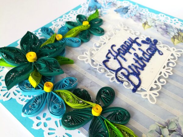 Blue Quilled Corner Flowers Birthday Greeting card image Blue Quilled Corner Flowers Birthday Greeting card image