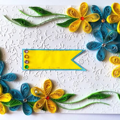 Blue and Yellow Quilled Corner Greeting Card image