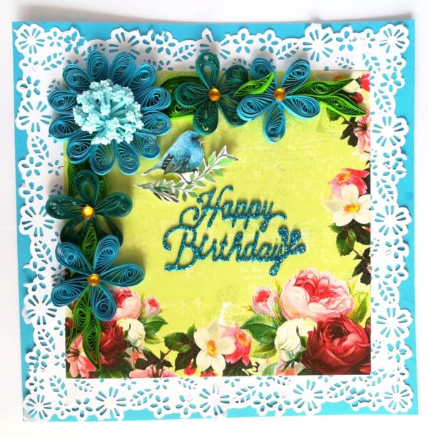 Blue Quilled Corner Flowers Birthday Greeting card image Blue Quilled Corner Flowers Birthday Greeting card image