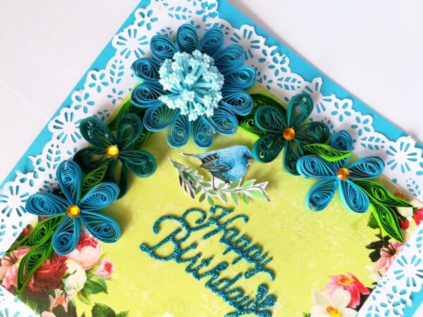 Blue Quilled Corner Flowers Birthday Greeting card image Blue Quilled Corner Flowers Birthday Greeting card image