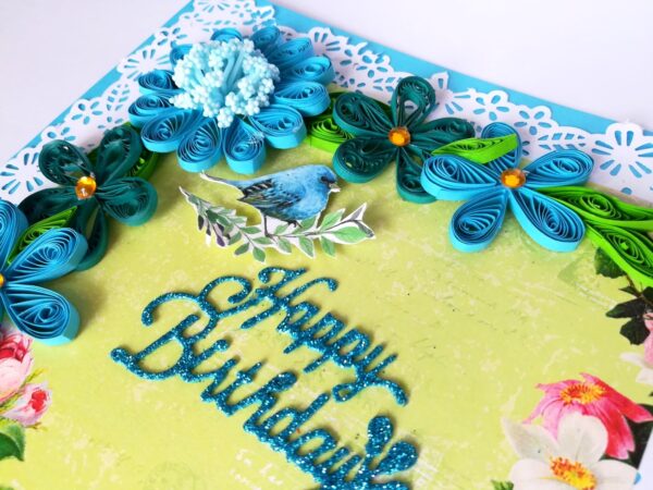 Blue Quilled Corner Flowers Birthday Greeting card image Blue Quilled Corner Flowers Birthday Greeting card image