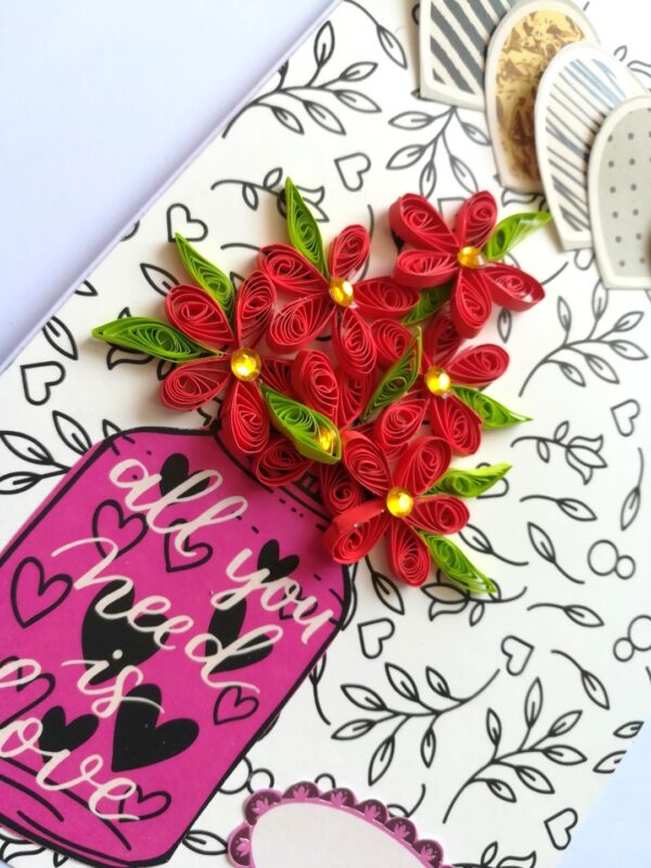 Quilled Red Flowers in Vase Greeting Card image Quilled Red Flowers in Vase Greeting Card image