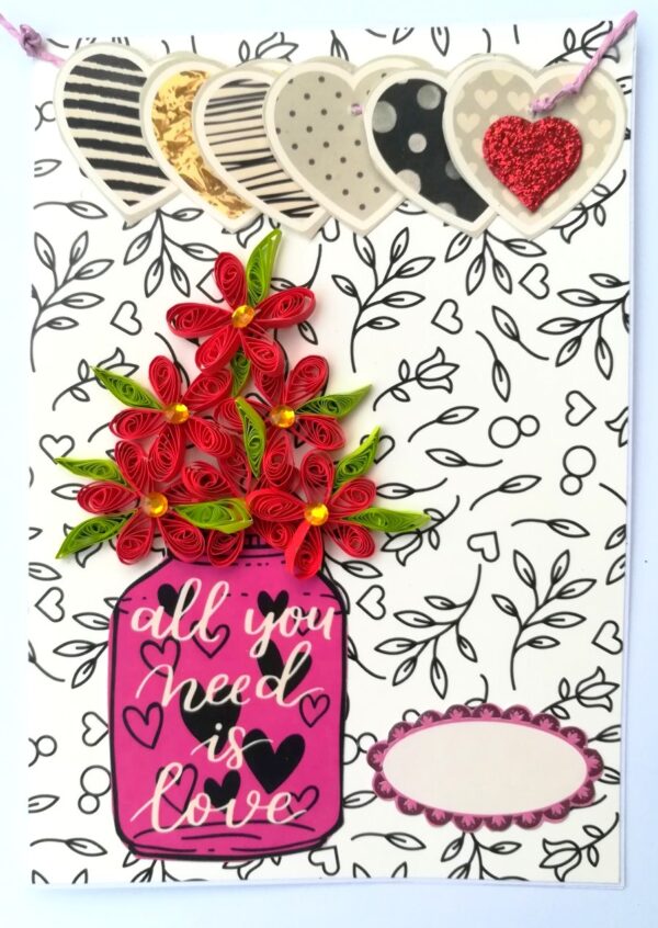 Quilled Red Flowers in Vase Greeting Card image Quilled Red Flowers in Vase Greeting Card image