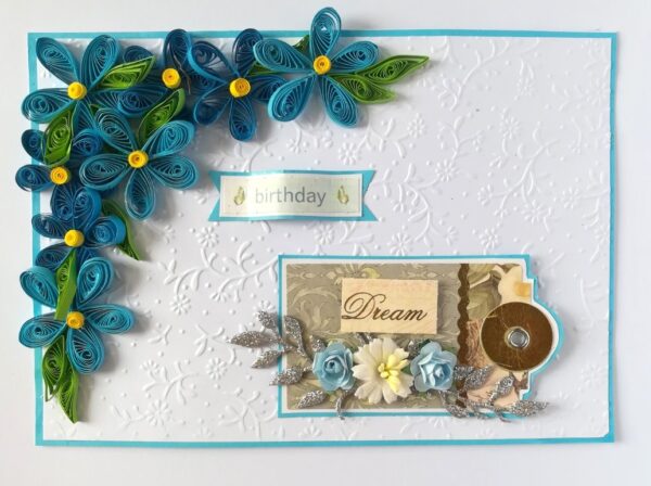 Blue Quilled Corner Flowers Birthday Greeting card image Blue Quilled Corner Flowers Birthday Greeting card image