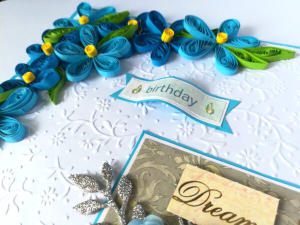 Blue Quilled Corner Flowers Birthday Greeting card image Blue Quilled Corner Flowers Birthday Greeting card image