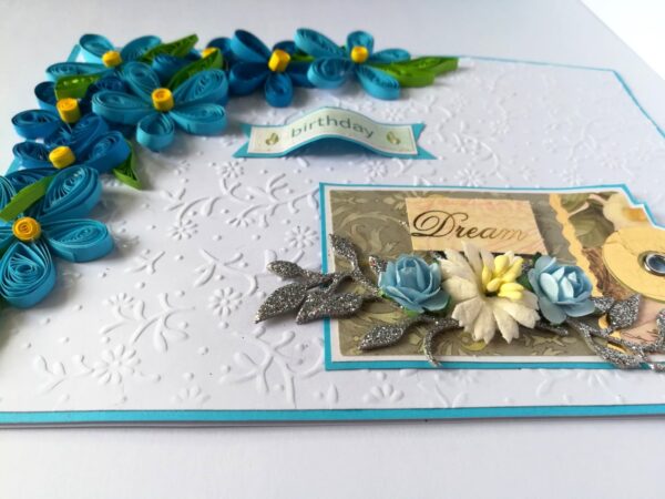 Blue Quilled Corner Flowers Birthday Greeting card image Blue Quilled Corner Flowers Birthday Greeting card image