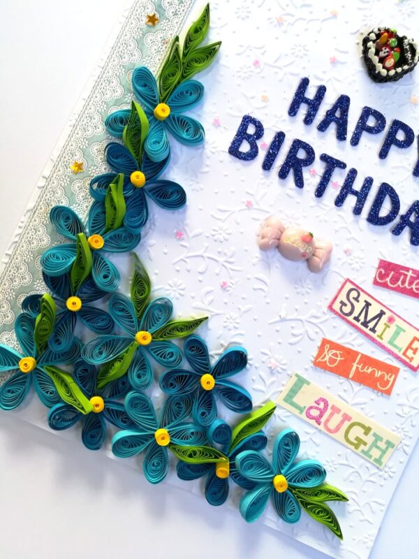 Blue Quilled Corner Flowers Birthday Greeting card image Blue Quilled Corner Flowers Birthday Greeting card image
