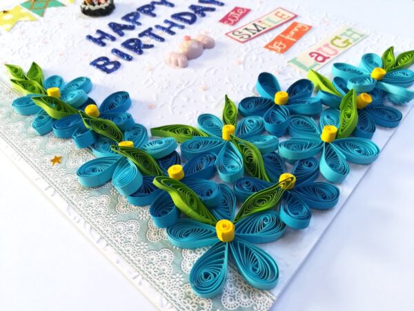 Blue Quilled Corner Flowers Birthday Greeting card image Blue Quilled Corner Flowers Birthday Greeting card image