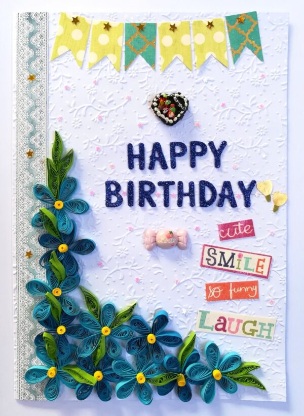 Blue Quilled Corner Flowers Birthday Greeting card image Blue Quilled Corner Flowers Birthday Greeting card image