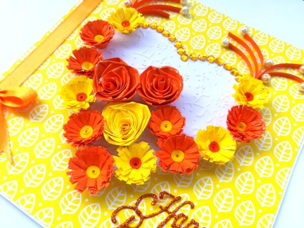 Yellow Themed Quilled Flowers in Heart Greeting Card image Yellow Themed Quilled Flowers in Heart Greeting Card image