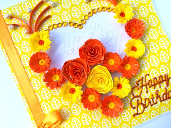Yellow Themed Quilled Flowers in Heart Greeting Card image Yellow Themed Quilled Flowers in Heart Greeting Card image