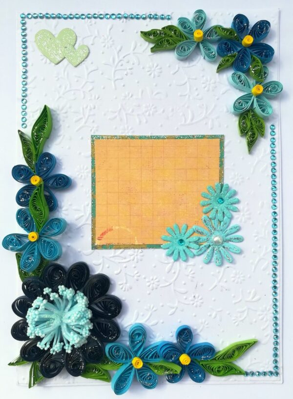 Blue Quilled Corner Flowers Greeting card - D1 image Blue Quilled Corner Flowers Greeting card - D1 image