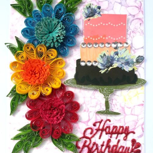 Multicolor Flowers Quilled Birthday Greeting Card -D1 image