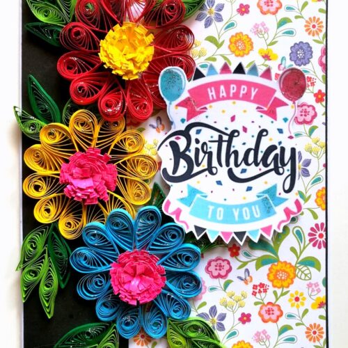 Quilled Flowers Happy Birthday Greeting Card -D1 image