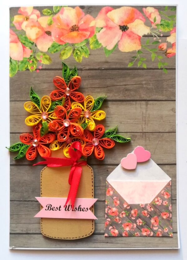 Yellow Quilled Flowers in Vase Greeting Card -D1 image Yellow Quilled Flowers in Vase Greeting Card -D1 image