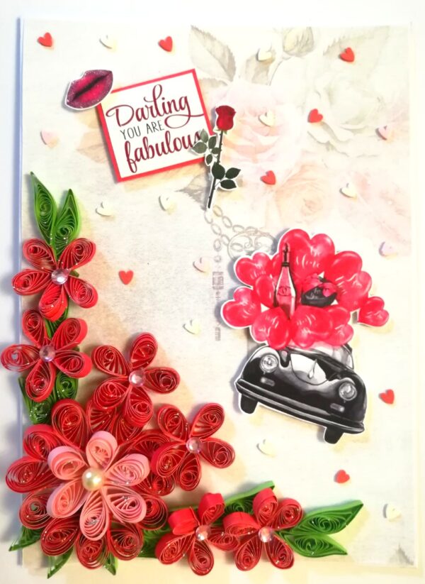 Red Quilled Flowers Valentine Greeting Card -D1 image Red Quilled Flowers Valentine Greeting Card -D1 image