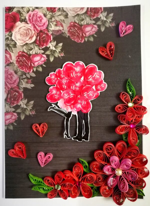 Quilled Red Flowers Corner Couple Card -D4 image Quilled Red Flowers Corner Couple Card -D4 image