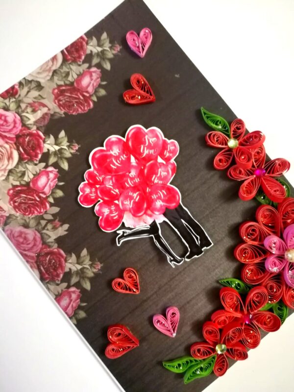 Quilled Red Flowers Corner Couple Card -D4 image Quilled Red Flowers Corner Couple Card -D4 image