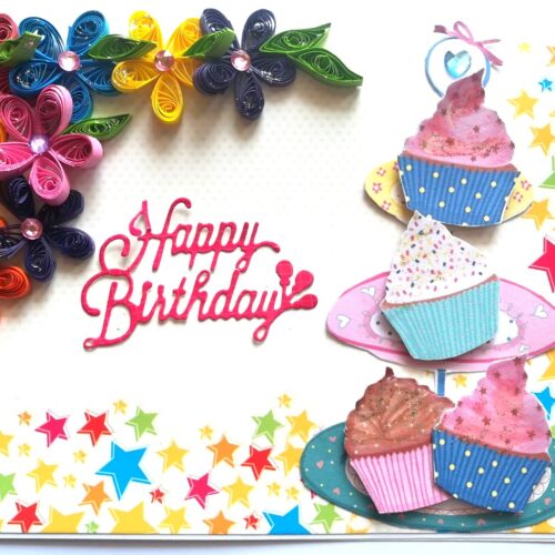 Quilled Corner Flowers Birthday Greeting card - BIR2 image