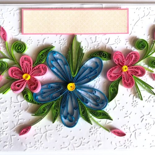 Blue and Pink Quilled Flowers Greeting Card image