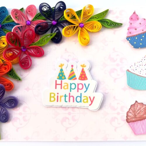 Multicolor Flowers Quilled Birthday Greeting Card image