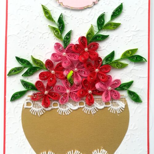 Red themed Quilled Flowers in Vase Greeting Card image