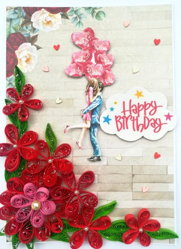 Quilled Red Flowers Corner Couple Card - D1 image Quilled Red Flowers Corner Couple Card - D1 image