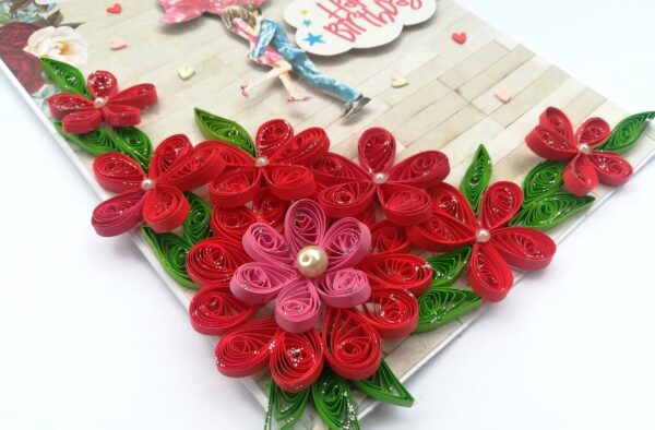 Quilled Red Flowers Corner Couple Card - D1 image Quilled Red Flowers Corner Couple Card - D1 image