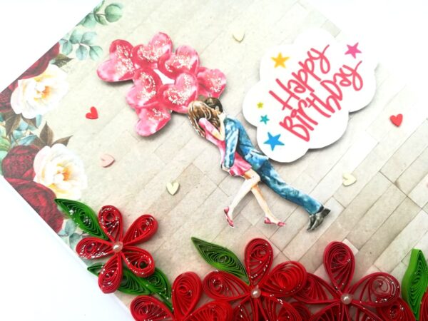 Quilled Red Flowers Corner Couple Card - D1 image Quilled Red Flowers Corner Couple Card - D1 image