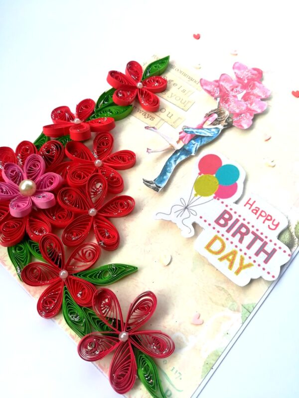 Red Quilled Flowers Birthday Greeting Card - D4 image Red Quilled Flowers Birthday Greeting Card - D4 image