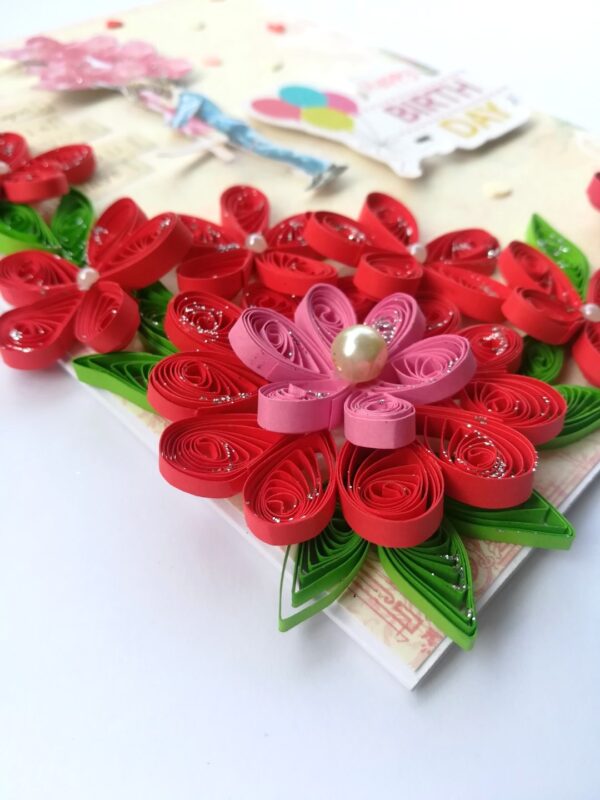 Red Quilled Flowers Birthday Greeting Card - D4 image Red Quilled Flowers Birthday Greeting Card - D4 image