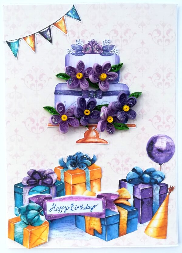Purple Quilled Birthday Cake Greeting Card image Purple Quilled Birthday Cake Greeting Card image