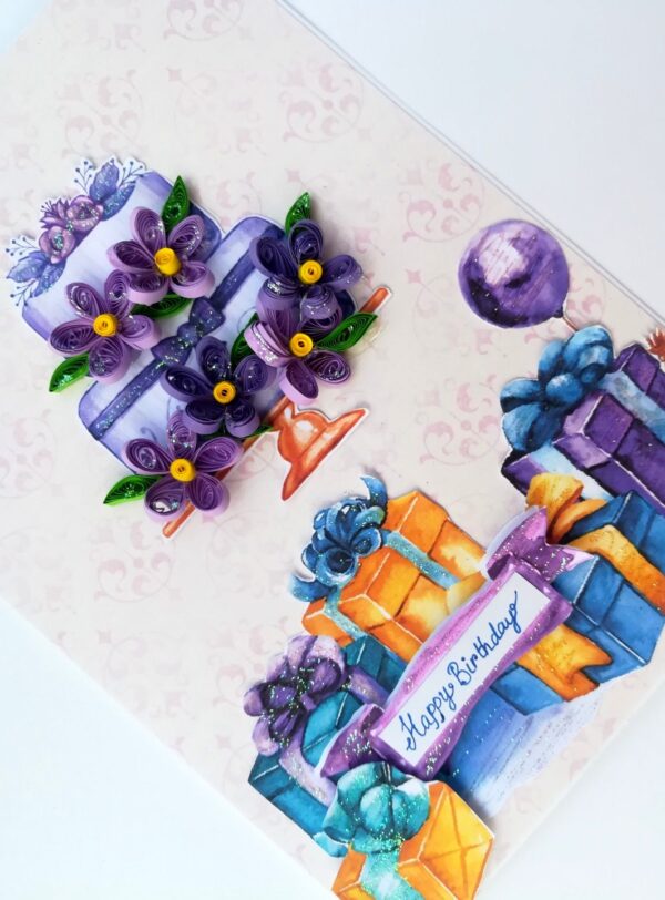 Purple Quilled Birthday Cake Greeting Card image Purple Quilled Birthday Cake Greeting Card image