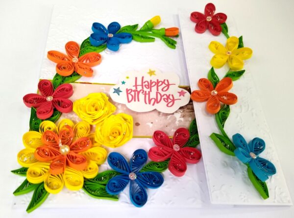 Multicolor Quilled Flowers Mini Scrapbook Birthday card image Multicolor Quilled Flowers Mini Scrapbook Birthday card image