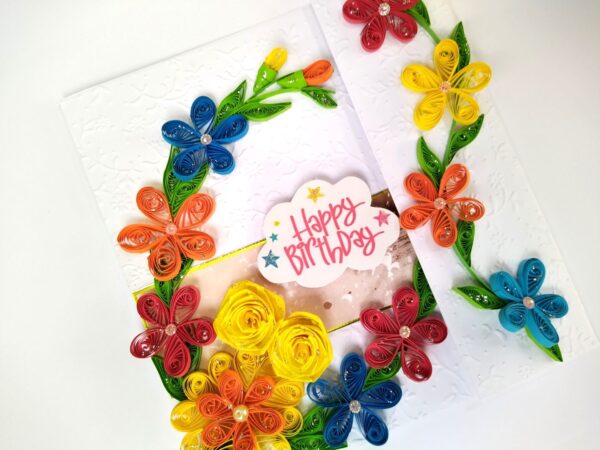Multicolor Quilled Flowers Mini Scrapbook Birthday card image Multicolor Quilled Flowers Mini Scrapbook Birthday card image