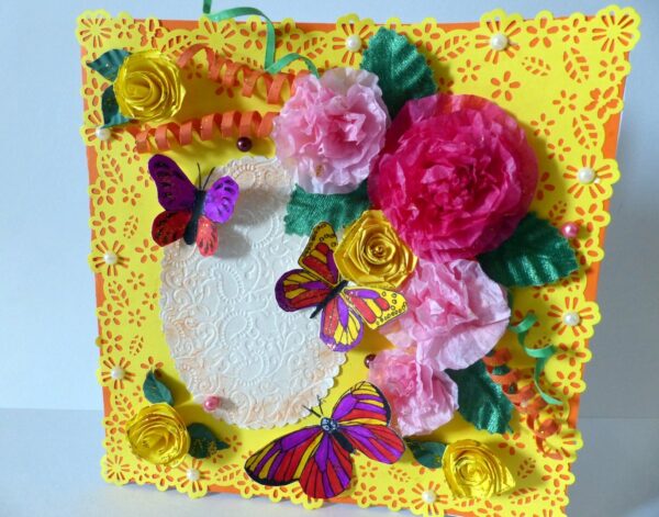 Yellow Paper Lace Border With Pink Flowers Greeting Card image Yellow Paper Lace Border With Pink Flowers Greeting Card image
